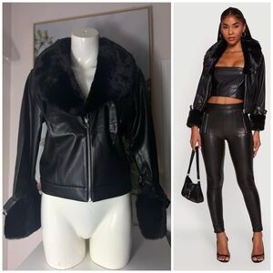 Savage Love Black Faux Leather Jacket Faux Fur Shawl Collar Zip Up XL